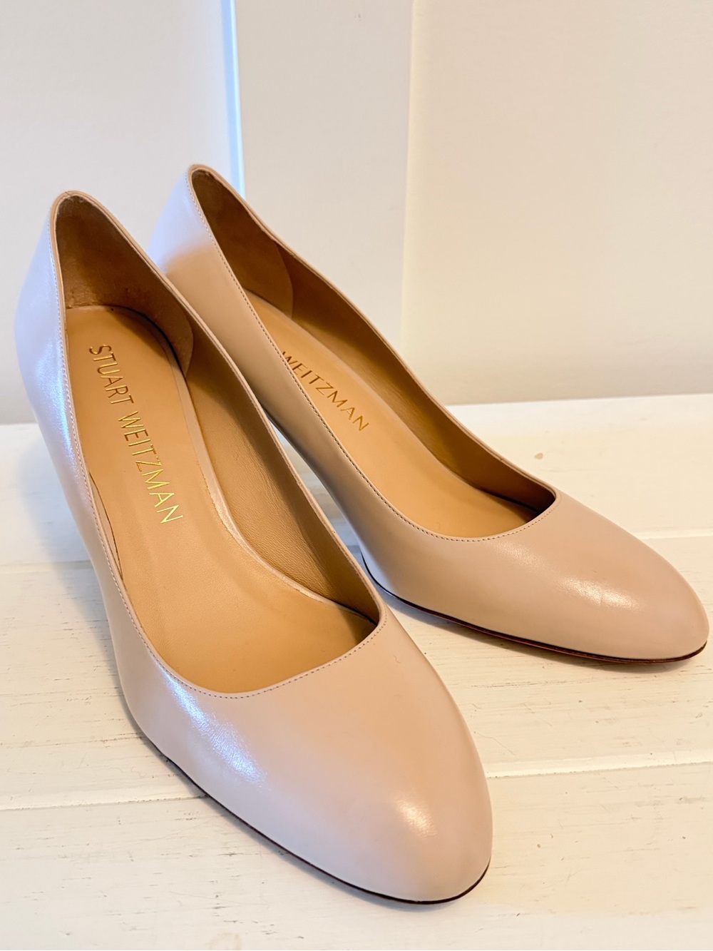 Stuart Weitzman Vida 75 Nappa Leather Block Heel Pumps Nude Size 12B / 42.5